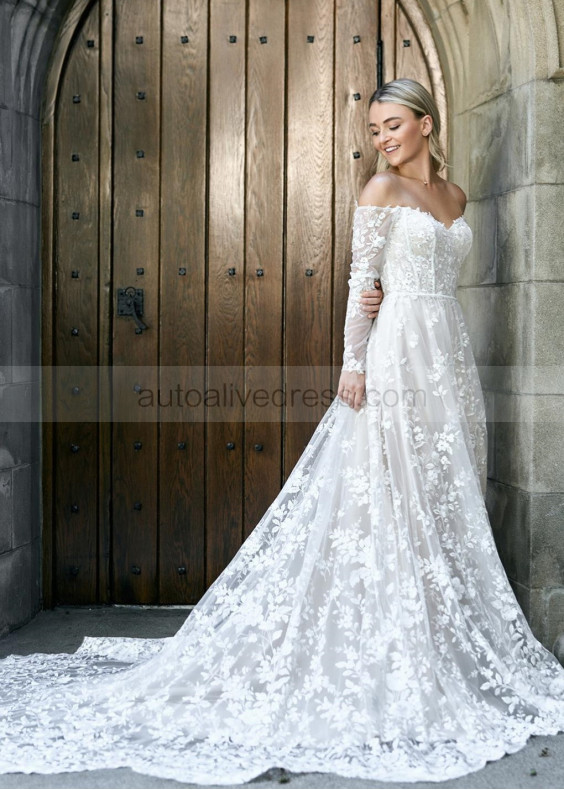 Off Shoulder White Lace Tulle Fairytale Wedding Dress